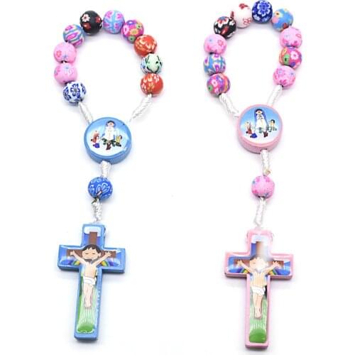 Colorful Polymer Clay Round Bead Rosary Necklace Handmade Cross Pendant bracelet Childrens Lucky Praying Blessing Jewelry Gifts