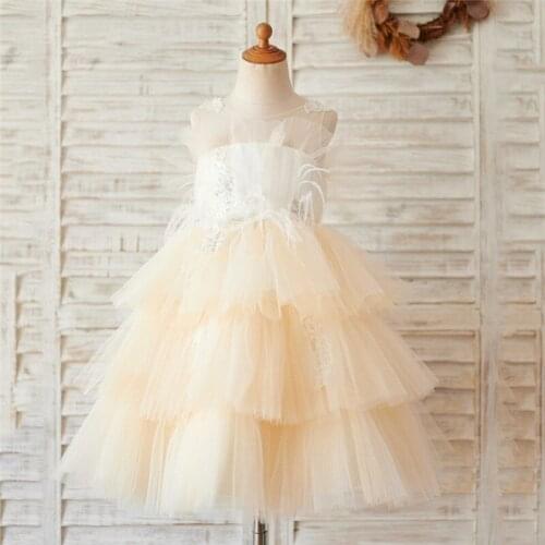 Champagne Tiered Tulle Flower Girl Dress for Wedding Feather Beading Sheer Neck Princess Birthday Dress Kids Clothes Photography