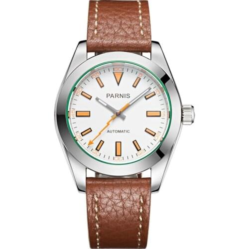 Parnis 40mm Automatic Mechanical Watch Men Luxury Sapphire Crystal Leather Strap Leather Waterproof Luminous Wristwatch Men