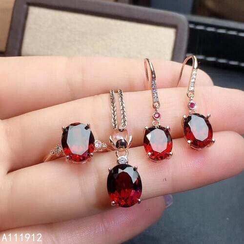 KJJEAXCMY fine jewelry natural garnet 925 sterling silver women gemstone pendant necklace ring earrings set support test elegant