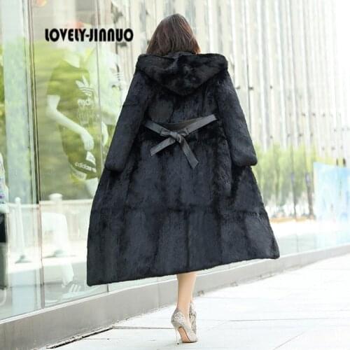 2021 New Hooded Fur Coat 130cm Long women Whole Skin Rabbit Fur Coat Outside Jacket Free Shipping JN403