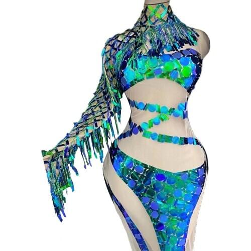 See Through Long Mesh Evening Dress Sparkly Sequin Tassel Prom Dresses Nightclub Stage Party Costume