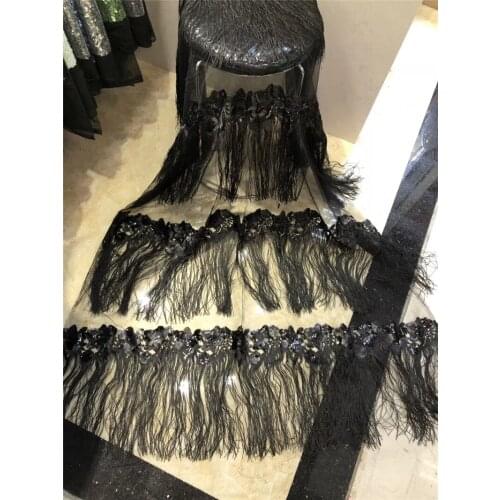 Special black embroidery net tulle mesh lace fabric JRB-62905 sequins with fringel tessel for wedding dress