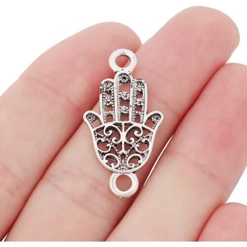 20 x Tibetan Silver Fatima Hamsa Hand Connector Charms Pendants for Bracelet Necklace Jewelry Making Findings 32x17mm