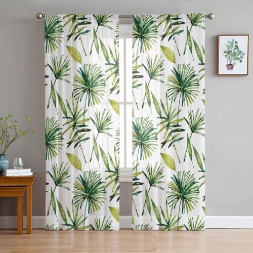 Green Tropical Plant Palm Leaves Tulle Sheer Window Curtains for Living Room Kitchen Children Bedroom Voile Hanging Curtain