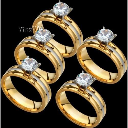 Yingwu 20pcs Golden Stainless Steel Rings For Women Men CZ Personalized Rings Fashion Wedding Jewelry Wholesale