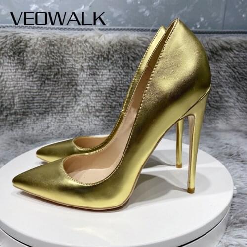 Veowalk Shiny Gold Women Sexy Stilettos High Heels Ladies Wedding Bridal Pumps Solid Color Pointed Toe Slip On Party OL Shoes
