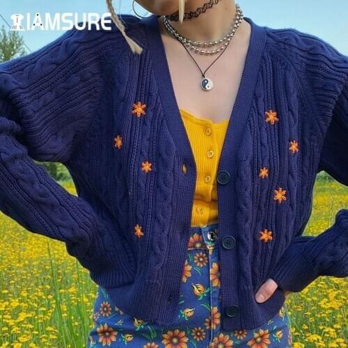 IAMSURE Flower Embroidery Long Sleeve Cute Y2K Cardigans Sweater For Women V Neck Aesthetic 90s Sweater 2020 Autumn Winter