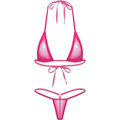 Womens Triangle Bikini Swimwear See-through Two-Piece Swimsuits Halter Lace-up Bra with T-back Briefs Thong Bathing Suit Clothes