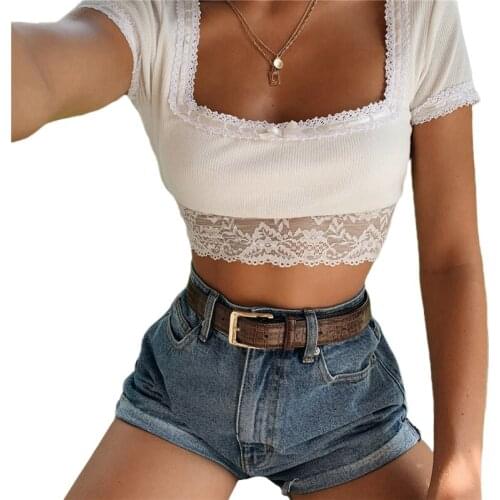 Womens Cute Crop Top, Square Neck Short Sleeve Ribbed Knit Basic Tee Shirt with Floral Lace Trim