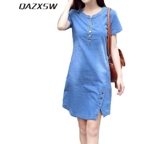 QAZXSW Spring Summer Denim Dress For Women 2019 Harajuku Jeans Dress With Button Slip Plus Size Sarafans Vestidos Feminino HB065