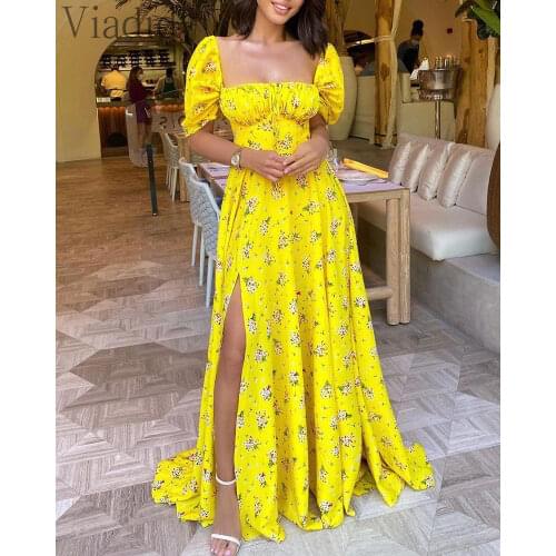 Women Summer Square Neck Print Side Slit Bohemian Big Swing Maxi Dress