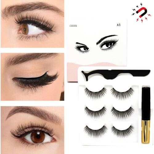 3 Pairs Magnetic Eyelashes Eyeliner Waterproof Tweezers Set Magnetic Natural Fake Eye Lashes False Eyelashes Makeup Faux Cils