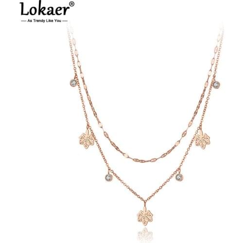 Lokaer Bohemia Stainless Steel Double-layer Choker Necklace Crystal Maple Leaf Charm Pendant Chain Link Jewelry For Women N20232