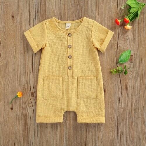 Baby Boys Girls Jumpsuit Infant Summer Creative Yellow Round Collar Short Sleeve Pocket Decoration Chest Button Casual Romper
