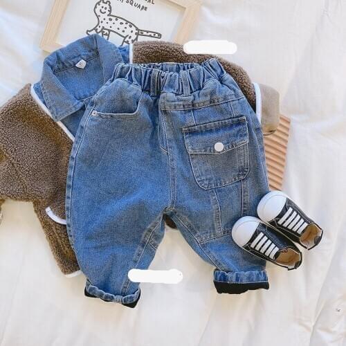 Winter New Toddler Kids Jeans Pants Casual Loose Plus Velvet Baby Girls Boys Jeans Korean Solid Thick Warm Child Denim Trousers
