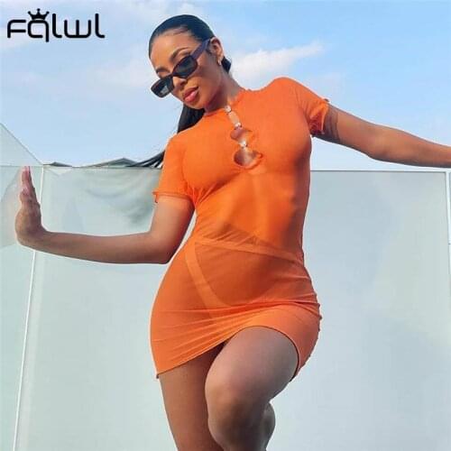 FQLWL Orange Mesh See Through Party Dress For Women 2021 Summer Short Hollow Out Bodycon Dress Ladies Sexy Club Mini Wrap Dress