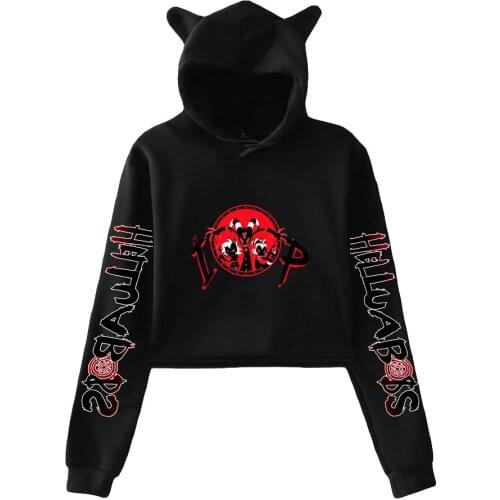 Helluva Boss Print Cat Cropped Hoodies Girl Long Sleeve Hoodies Pullover Crop Tops Sweet Sexy Loose Tide Loose Hoodies Mens
