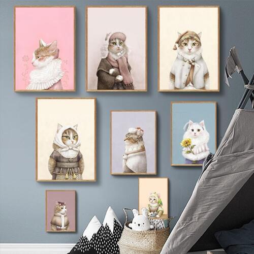Nordic Style Canvas Prints Painting Animal Cat Lovely Home Decoration Poster Wall Art Modular Pictures For Bedside Background