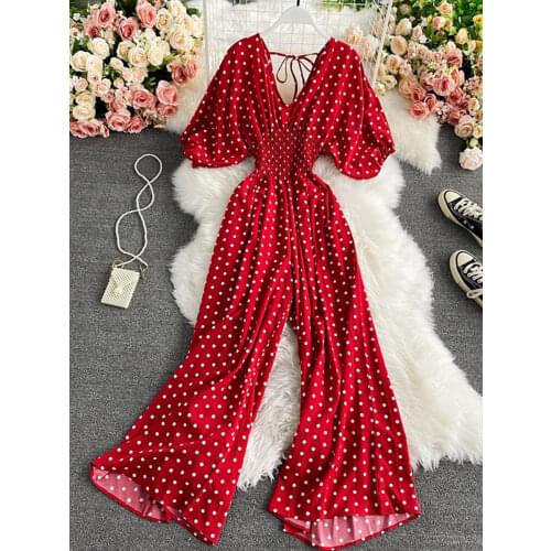 Autumn Sexy Polka Dot Romper Women Elegant V-Neck Puff Short Sleeve High Waist Jumpsuit Female Loose Wide Leg Playsuits Fashion