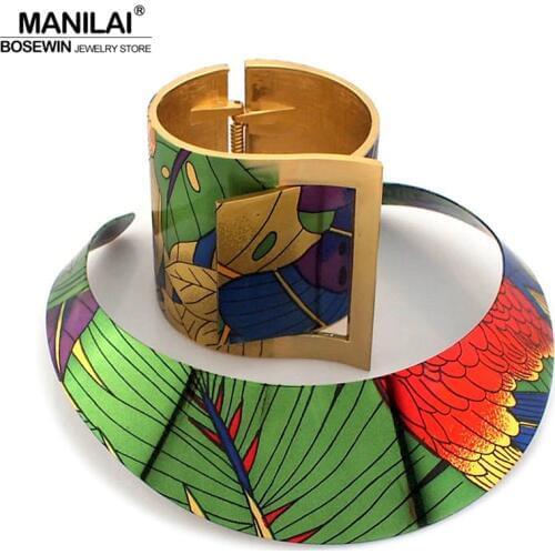 MANILAI Trendy Country Style Multicolor Painting Torques Cuff Bracelet Bangles Necklace Sets Women Indian Statement Jewelry