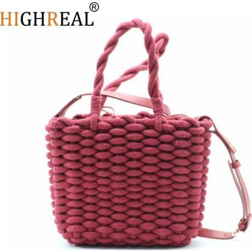 HIGHREAL Fashion Popular Woven Bag Rope Weaving Straw Bag Summer Handmade Crossbody Rattan Bag Bohemian Shoulder Bag Dropship
