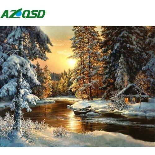 AZQSD Paint By Number Canvas Winter Lake Painting Kits DIY Decor For Home Coloring By Numbers Forest Scenery Unique Gift