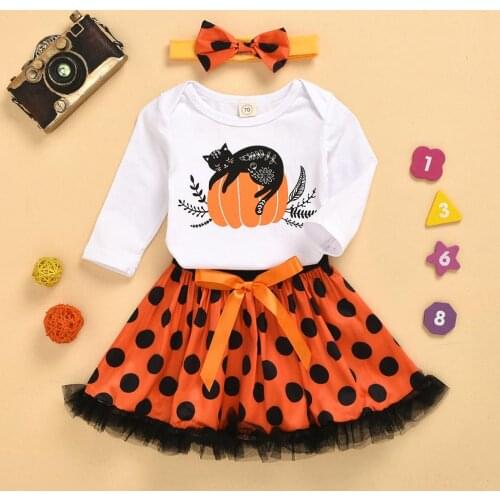 Toddler Girl Halloween Clothes Cotton Baby Girl pumpkin Clothes Set White Long Sleeve Top Bow short Skirt+Headband Kids Clothes