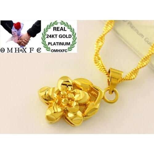 OMHXFC Wholesale European Fashion Woman Girl Party Birthday Wedding Gift Vintage Flower 24KT Real Gold Charm Pendant PN206