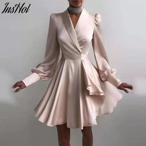 Women Sexy Mini Wrap Dress Satin Slip Puffed Sleeve 2021 Winter Female High Waisted Party Dresses Vestidos