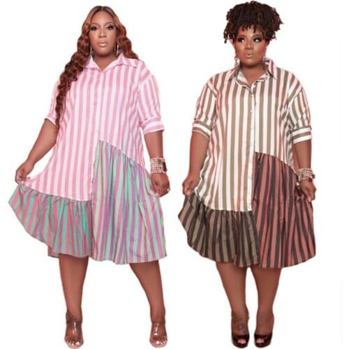 Plus Size Clothing for Women Shirts Dress Summer 2021 Wholesale Patchwork Striped Office Lady Hot Sale Midi Dresses Dropshipping