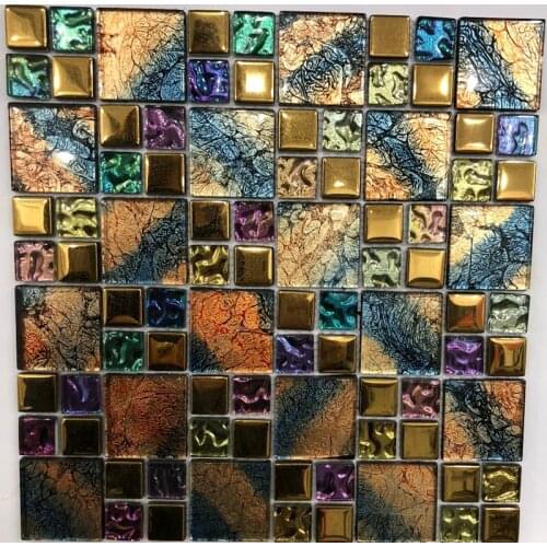 Luxury mix color gold foil iridescent electroplate glass mosaic kitchen backsplash living room sofa backdrop office wall tile