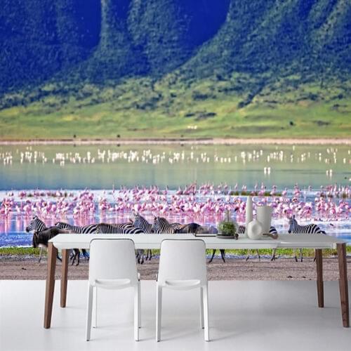 Herd of zebras and flocks of flamingos natural landscape 3d wallpaper papel de parede,living room tv sofa wall bedroom mural