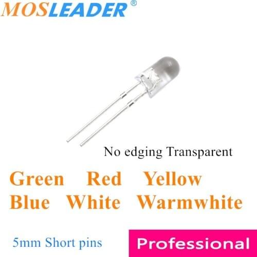 Mosleader 1000pcs No edging led 5MM Green Red Yellow Blue White Warm white White For Short pins Round Transparent leds