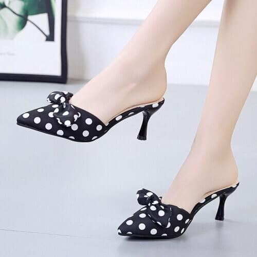 Fashion Mules Pumps Women Shoes Woman Slip on Party Shoes Pointed Toe Butterfly Knot Dot High Heels Ladies Pumps Shoes Slippers