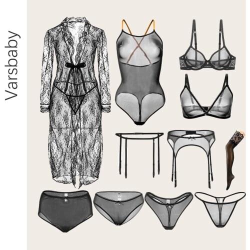 Varsbaby sexy lingerie see through bra set nightgown + bodysuit + transparent bra + panties + garter + stockings 11 pieces/set