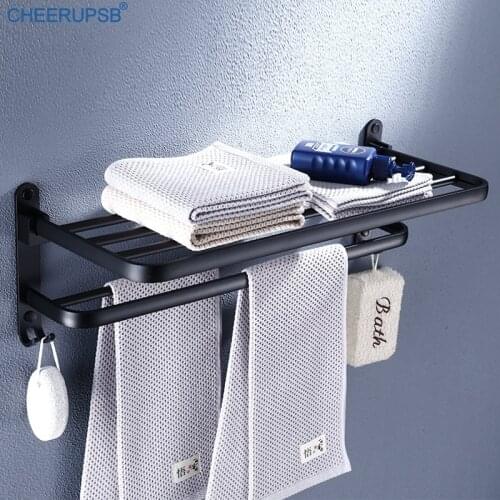 Towel Hanger Bathroom Holder Hand Bath Rack Towels Shelf Space Aluminum Hotel Support Restroom Black Wall Rail Racks with Hook