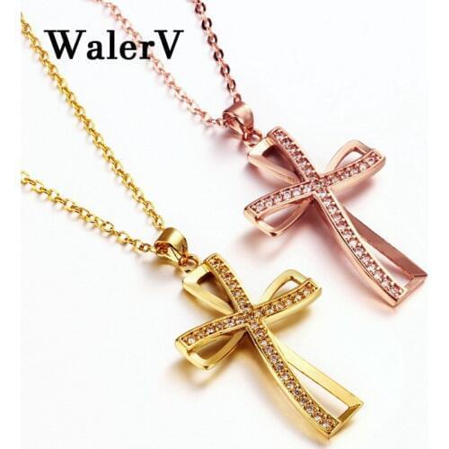 WalerV Gold Color Rose Gold Fashion Charm Belief Jesus Christian Cross Pendant Necklaces For Women High Quality Jewelry Gift