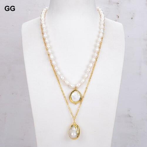 GuaiGuai Jewelry Natural Cultured White Pearl White Quartzs Druzy Charm Gold Color Plated Chain Layers Statement Necklace 17.5"