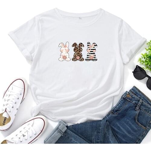 Three Cute Rabbits Funny T Shirt Women O-neck Short Sleeve Tshirt Women Black Casual Tee Shirt Femme Tshirts Cotton Women