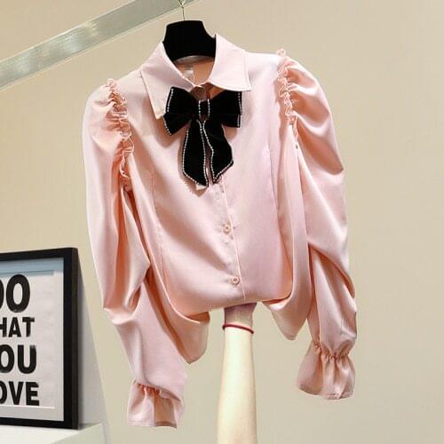 Diamond Bow Long Sleeve Solid Color Shirt Women 2021 Spring Korean Style Loose Ruffled Flare Sleeve Casual Ladies Blouse Top