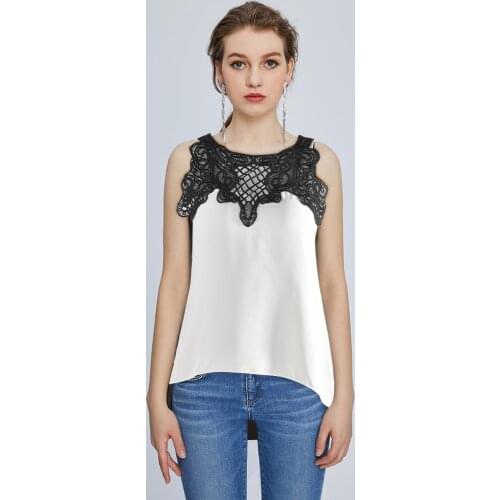 Women Fashion Shirts Sexy Sleeveless O-neck Lace Splicing Irregular Casual Shirt Tops