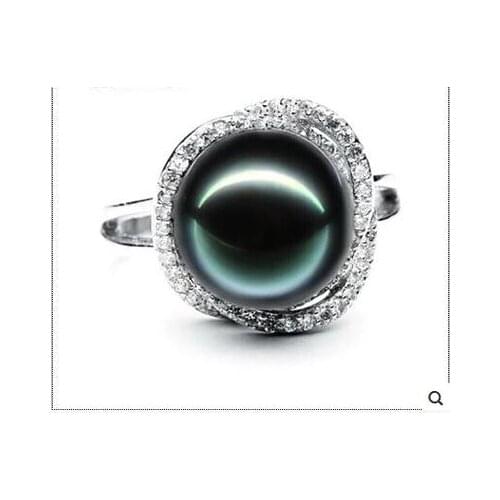 Eternal wedding Women Gift word 925 Sterling real Natural seawater pearl pearl Tahitian Black Pearl Ring 10mm sent his gi