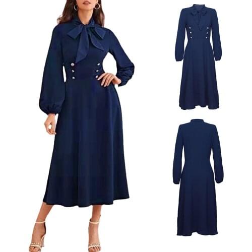 2021 Autumn Office Lady Solid Women Dress Vintage Lantern Sleeve Bow O-neck Party Dress Fashion Slim Elegant Dress Vestidos