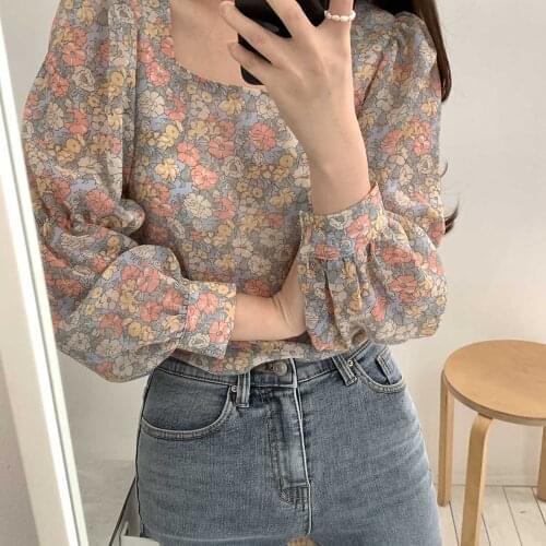 Women’s Puff Long Sleeve Blouse Square Collar Floral Printed Ladies Blouse Tops Shirts Блузка Женская Chemise Femme Кофта