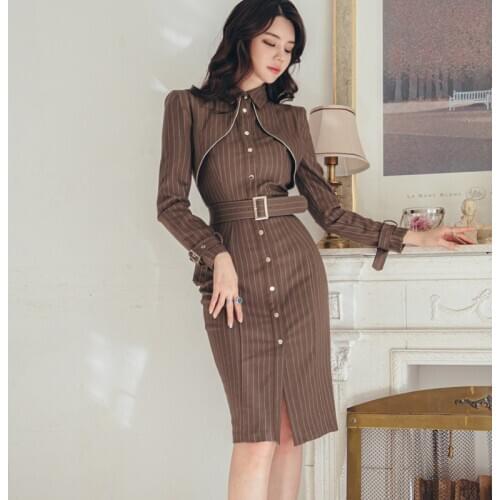 New arrival comfortable work style autumn spring dress temperamental high quality striped slim vintage elegant pencil dress