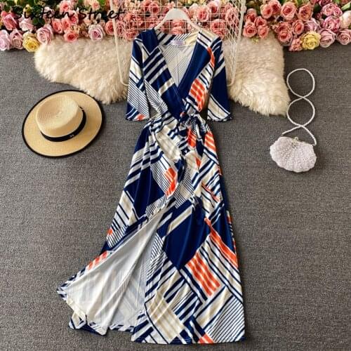 Maxi Dresses for Women Summer Elegant Fashion V Neck Print Vintage Clothing Women Y2k Vestido De Mujer Sexy Dress Female 2021