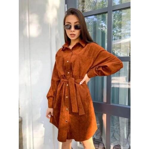 Women Vintage Front Button Sashes Corduroy Mini Dress Long Sleeve Brown Color Warm Slim Party Dress 2021 Autumn Winter New Dress