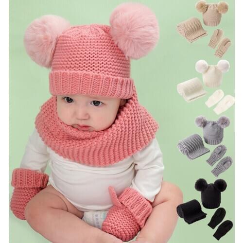 1PC Hat 1Pair Gloves And 1PCS Scarf Winter Kids Baby Beanie With Mittens Set Warm Windproof Hat, Glove, Scarf Three-piece Suit