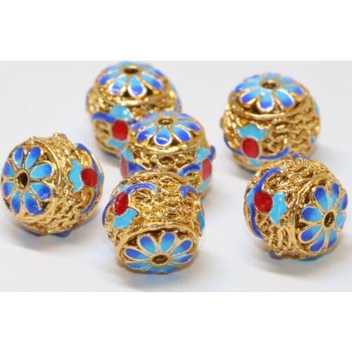 13mm hot sale round carved flowers birds cloisonne accessories beads gold-color elegant diy jewelry making 5pcs B2374